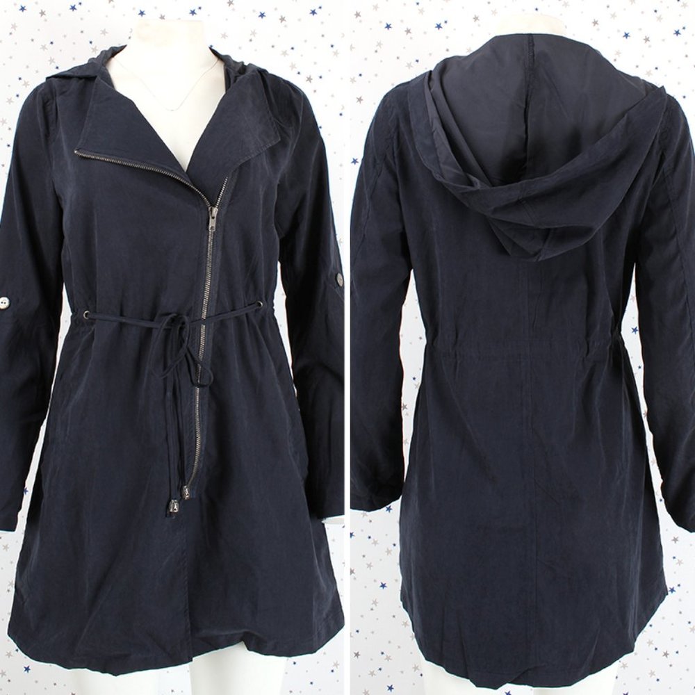 Front Asymmetric Zip Up Hooded Safari Jacket Navy